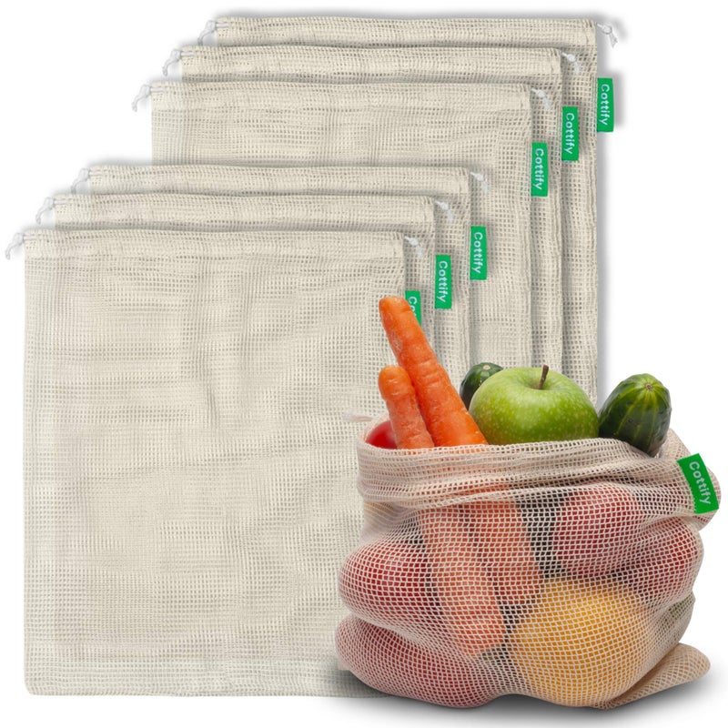 Cottify 6 Reusable Produce Bags Grocery Washable | Organic Cotton Mesh Produce Bags | Double-Stitched & Tare Weigh | Mesh bags for vegetables | Cotton Produce Bags Reusable Washable | Produce bag (M size) - Image 1